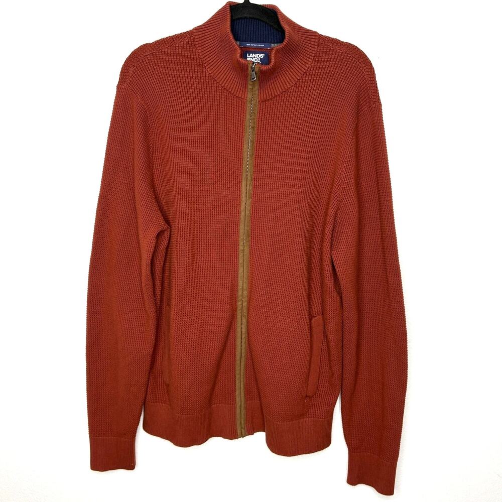 Lands End Size L Sweater Supima Cotton Full Zip Waffle Knit Brick Fall Classic